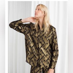 & OTHER STORIES gold black jacquard shirt paisley button down metallic top 6 S M